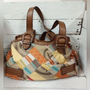 Etienne Aigner Patchwork Shoulder Bag Purse Faux Leather Trim Boho Hippie Spring